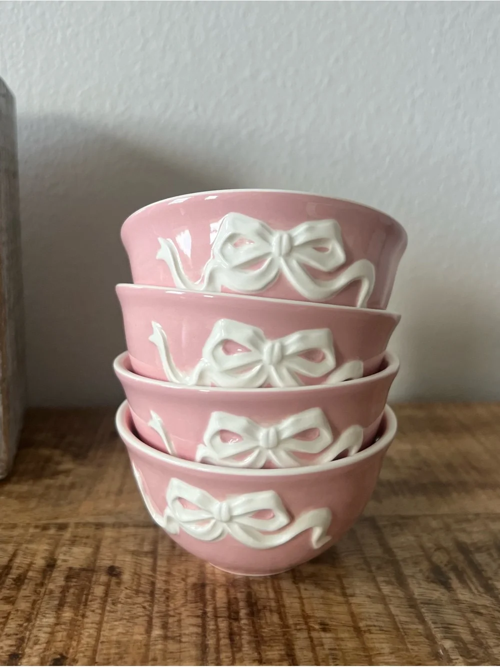 New 4pc Pink Bow Stoneware Small Bowl Set